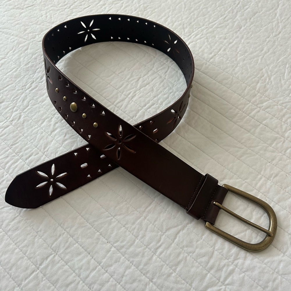 Women's Aldo Brown Leather Belt - Size Large, Flower Cut out and Stud details
